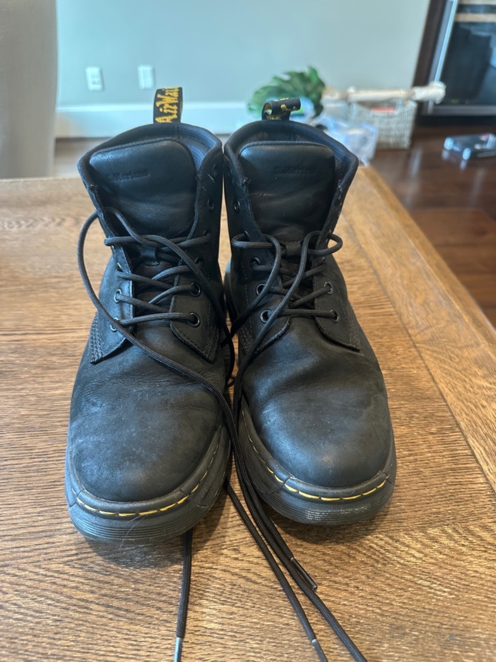Dr. Martens Black Leather Lace-Up Ankle Boots with Yellow Stitching
